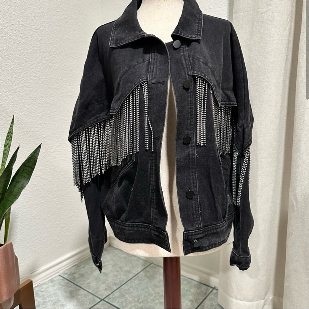 Black Fringe Jean Jacket with Western Rhinestone Flair